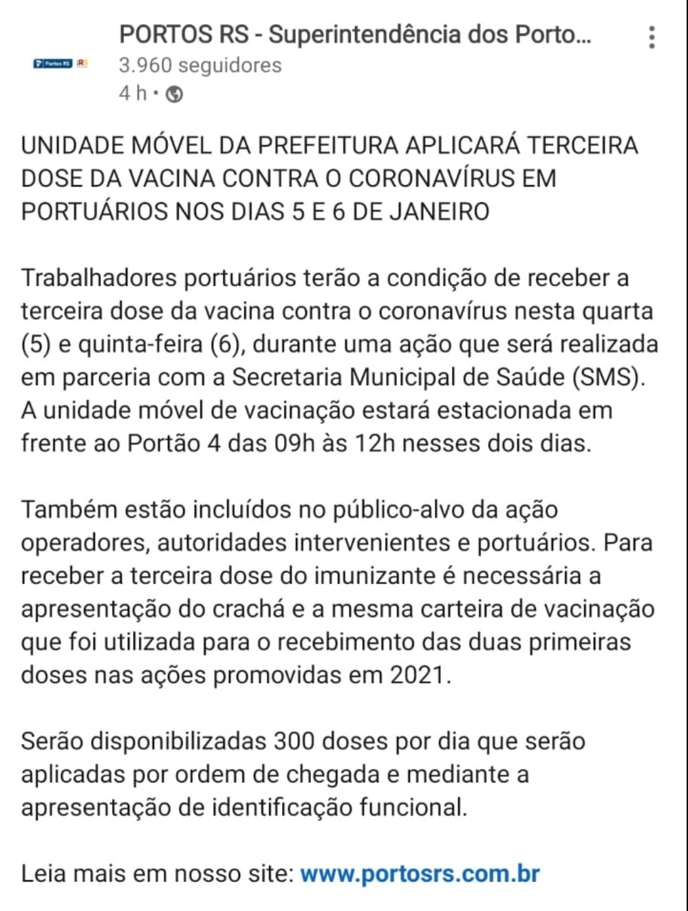 Unidade Móvel da Prefeitura aplicará terceira dose da vacina contra o  corona vírus em Portuários e Marítimos nos dias 05 e 06 de Janeiro 