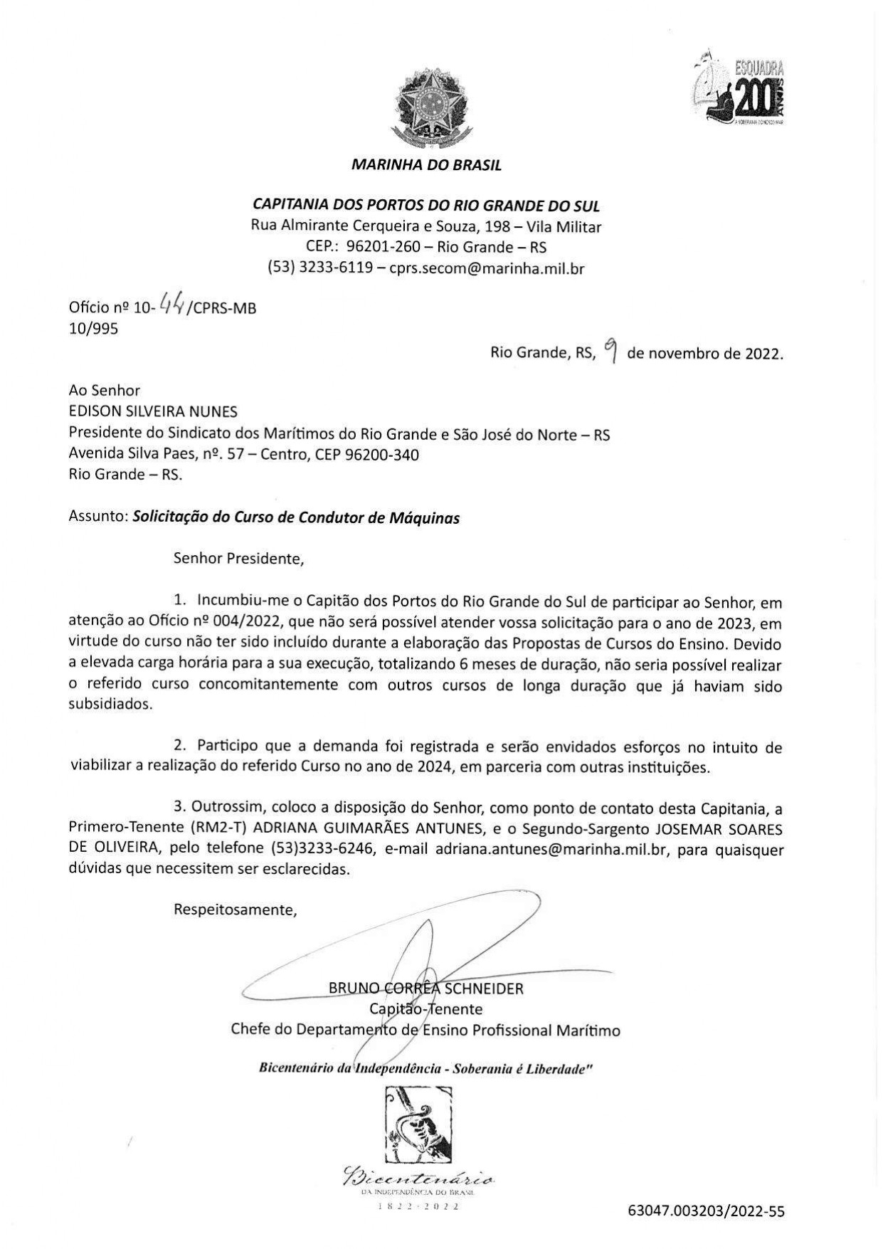 Resposta da solicitação do curso de Condutor de Máquinas