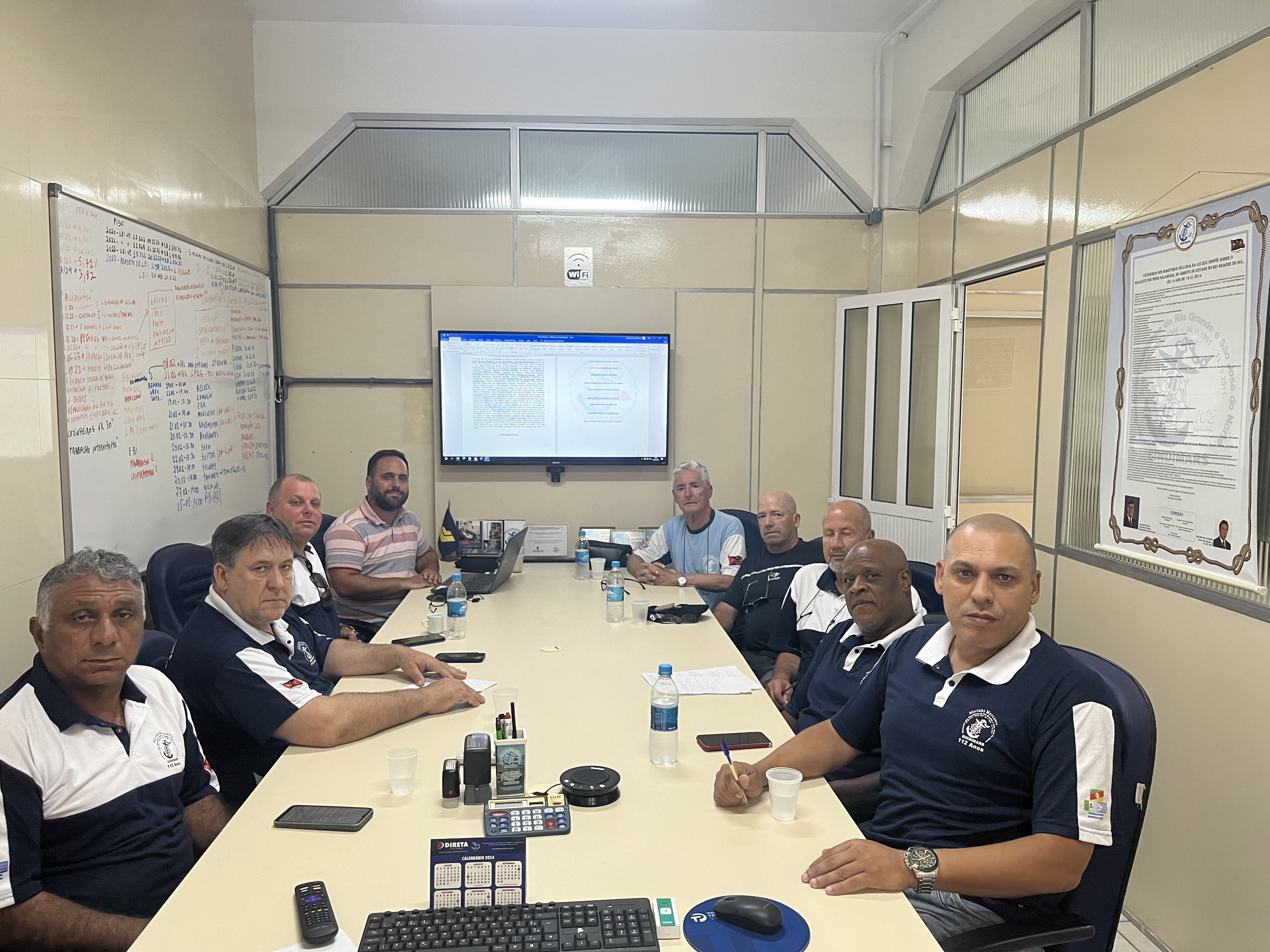 Reunião ordinária de diretoria e assessoria jurídica. Pauta do dia: Estatuto, curso de Moc, negociações coletivas, ações judiciais em curso e visita do auditor do trabalho no Sindimars (dia 15/02/2024).