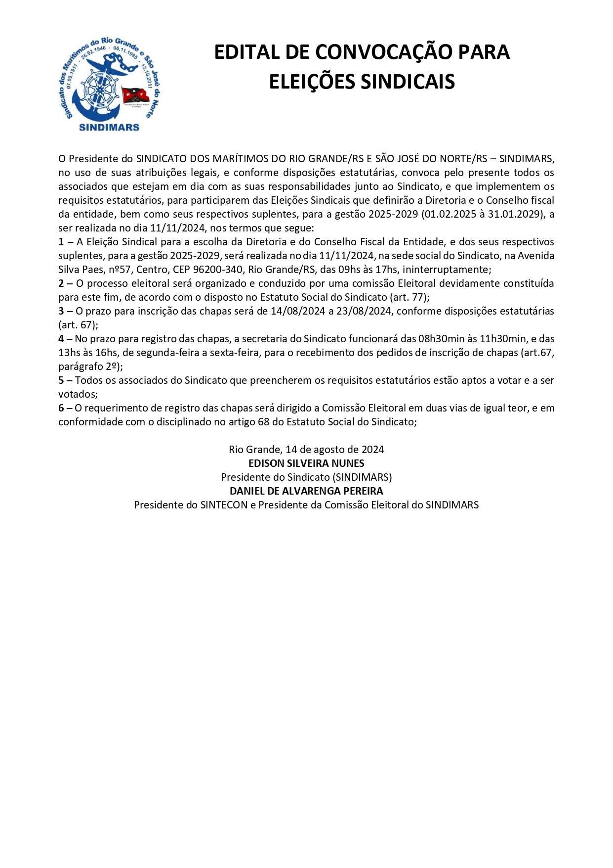 Abertas Inscrições para o Pleito Sindimars 2024